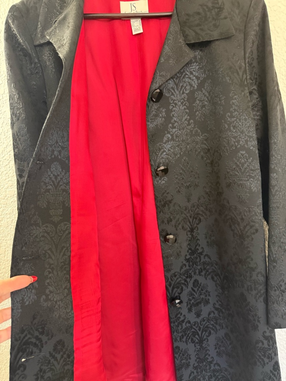 Elegant Black Jacquard Coat | Size 16 | Red‎ Lined Glam Evening Statement Jacket - Picture 9 of 15